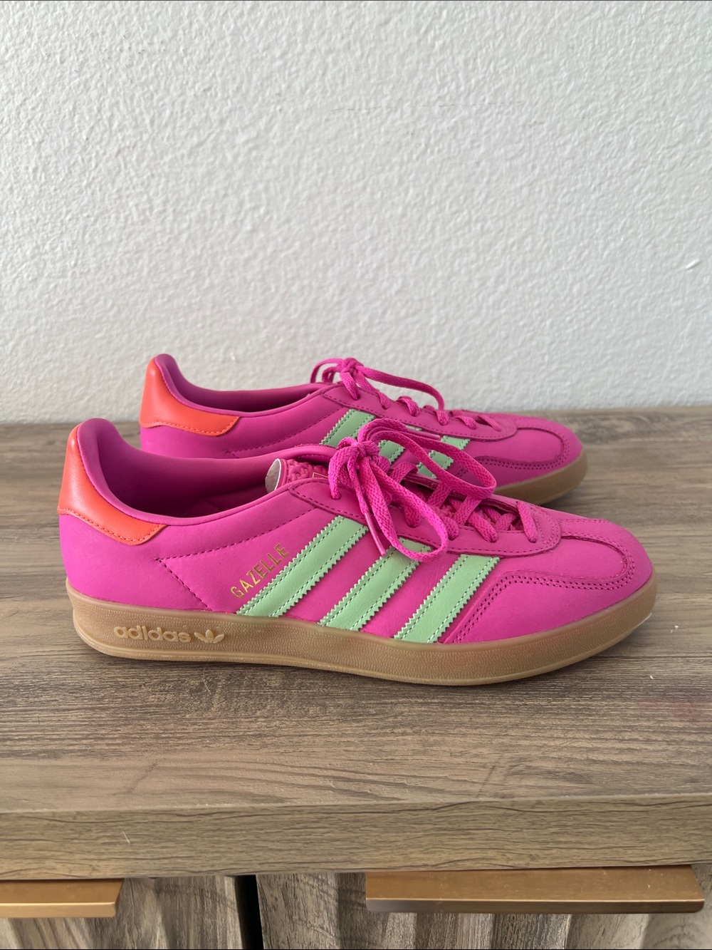 Adidas Womens Gazelle Sneakers in Hot Pink with Mint Stripes and Orange Heel